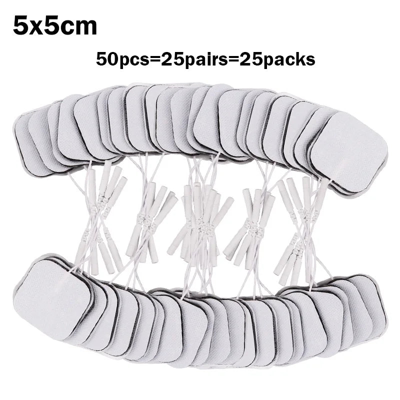 TENS EMS Electrode Pads 5x5cm – Reusable Self-Adhesive Gel Patches with 2mm Plug