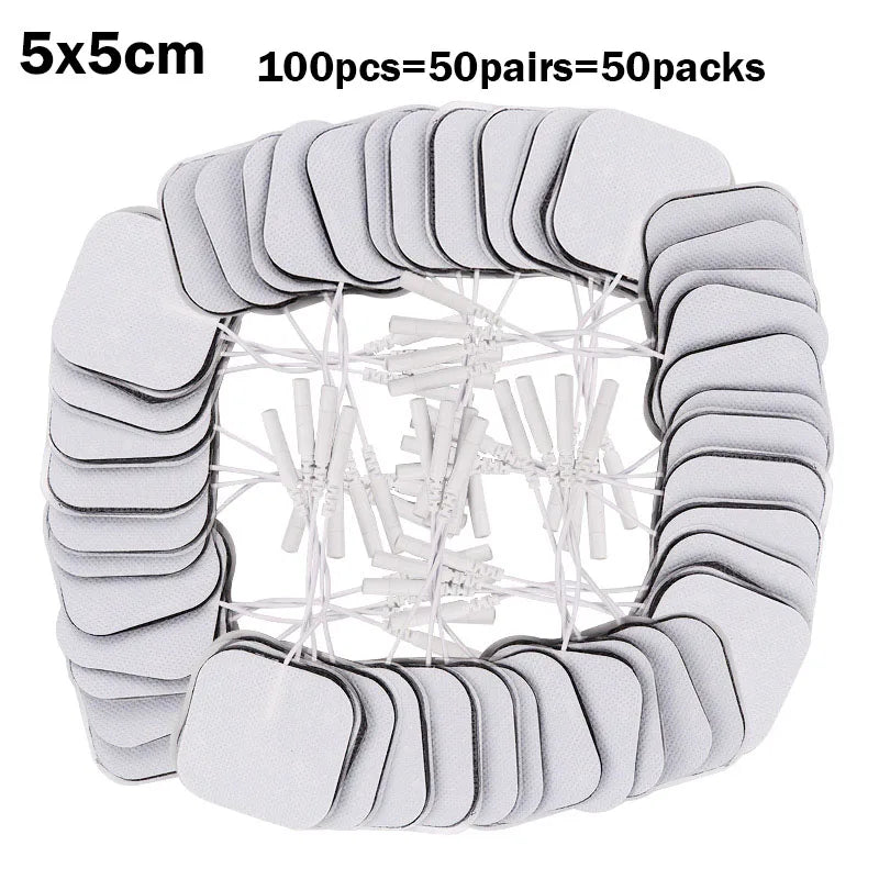 TENS EMS Electrode Pads 5x5cm – Reusable Self-Adhesive Gel Patches with 2mm Plug