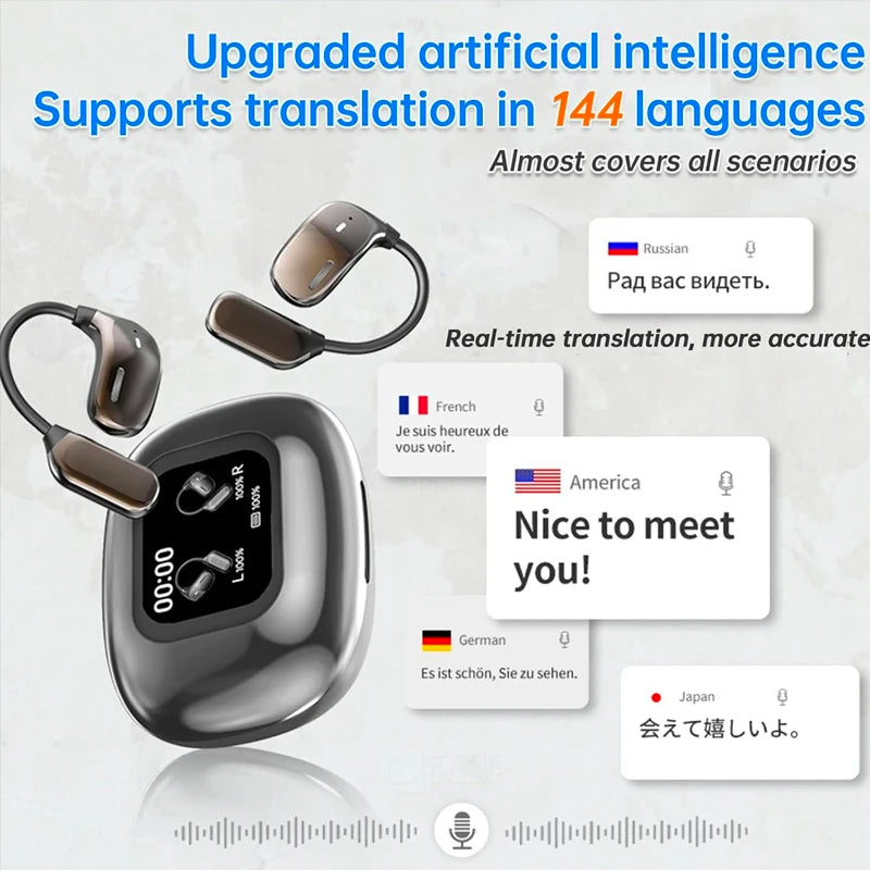 UYUXIO OWS AI Translation Earbuds – 144 Languages, LCD Touch Screen